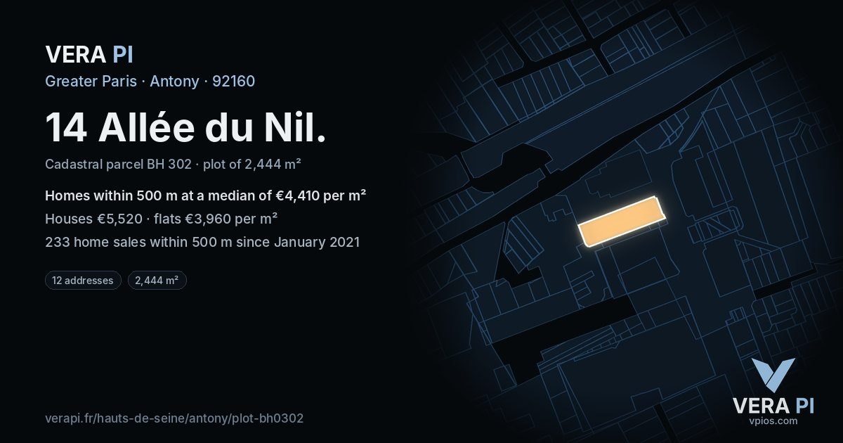 14 Allée du Nil, Antony at night – the plot lit, the parcels around coloured by the prices near them