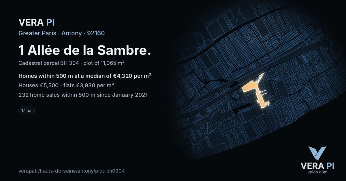 1 Allée de la Sambre, Antony at night – the plot lit, the parcels around coloured by the prices near them