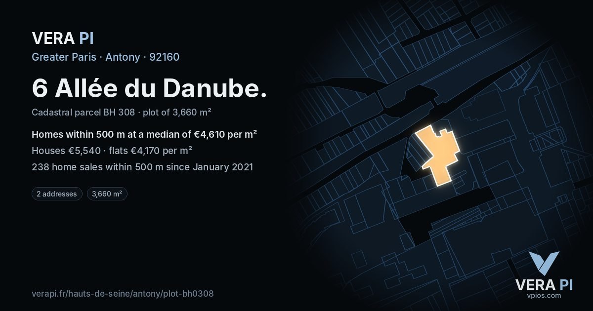 6 Allée du Danube, Antony at night – the plot lit, the parcels around coloured by the prices near them