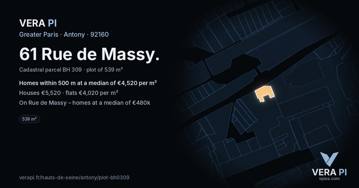 61 Rue de Massy, Antony at night – the plot lit, the parcels around coloured by the prices near them
