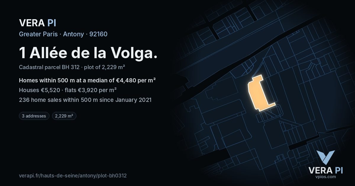 1 Allée de la Volga, Antony at night – the plot lit, the parcels around coloured by the prices near them