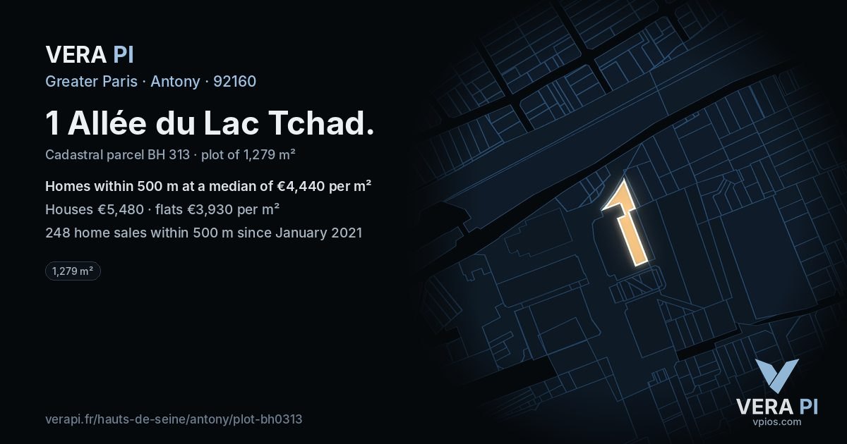 1 Allée du Lac Tchad, Antony at night – the plot lit, the parcels around coloured by the prices near them