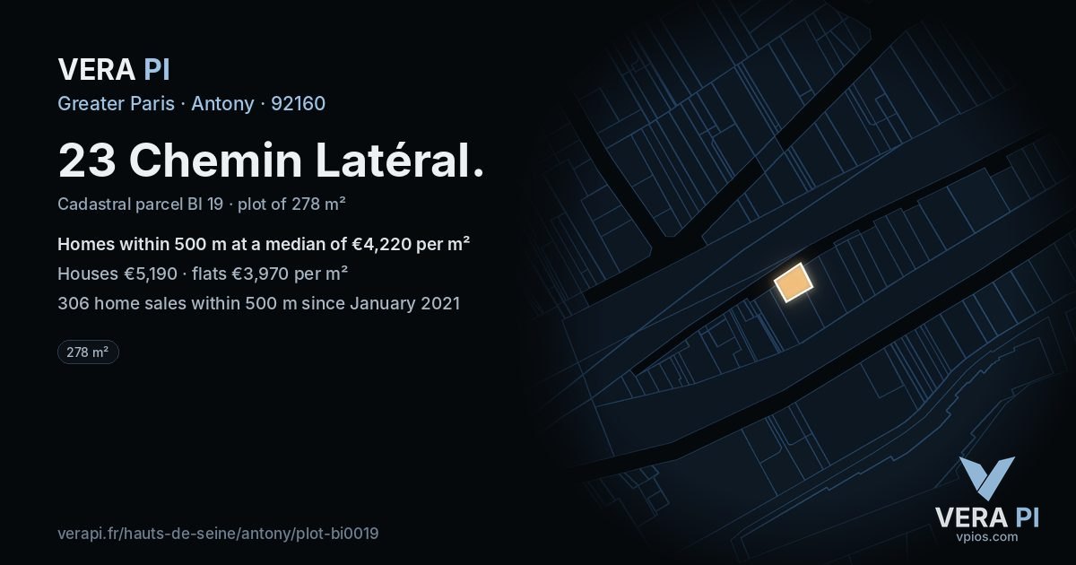 23 Chemin Latéral, Antony at night – the plot lit, the parcels around coloured by the prices near them
