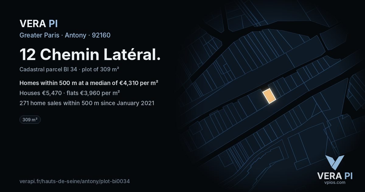 12 Chemin Latéral, Antony at night – the plot lit, the parcels around coloured by the prices near them