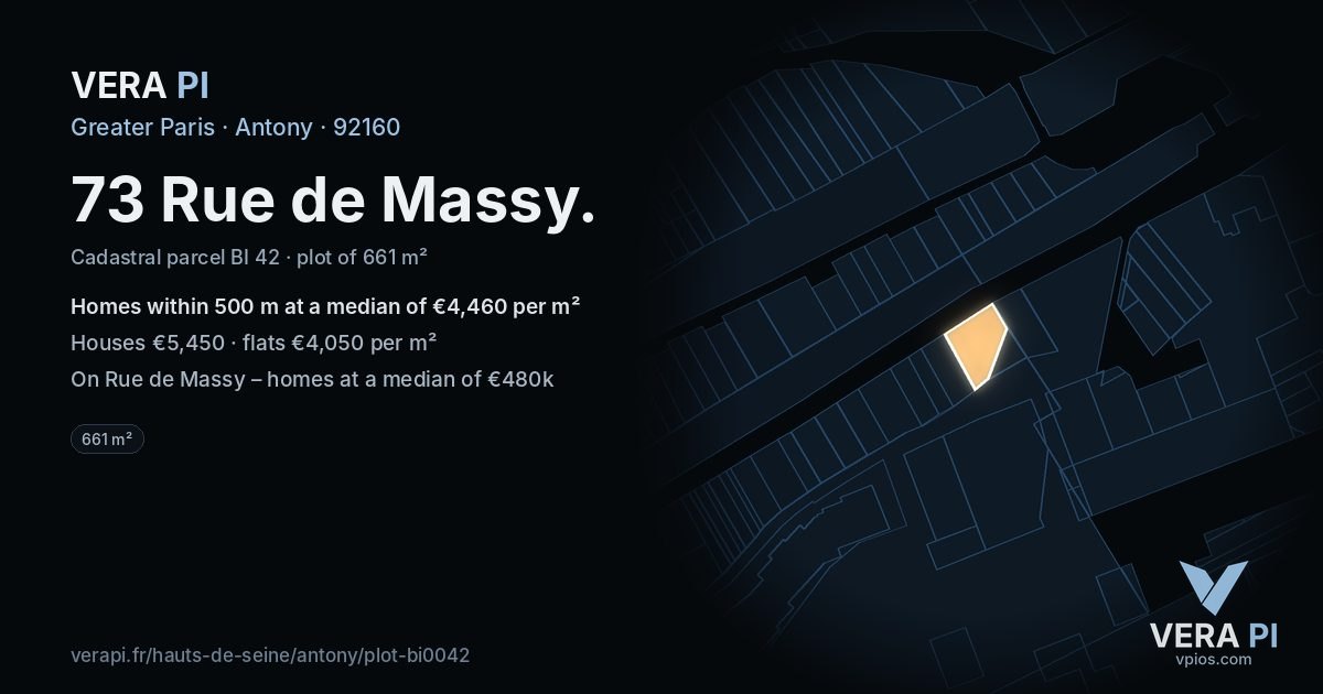 73 Rue de Massy, Antony at night – the plot lit, the parcels around coloured by the prices near them