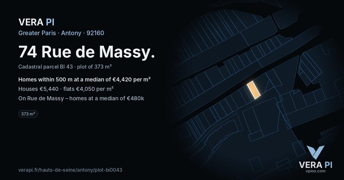 74 Rue de Massy, Antony at night – the plot lit, the parcels around coloured by the prices near them