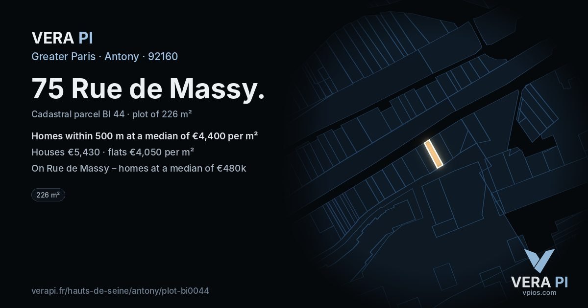 75 Rue de Massy, Antony at night – the plot lit, the parcels around coloured by the prices near them