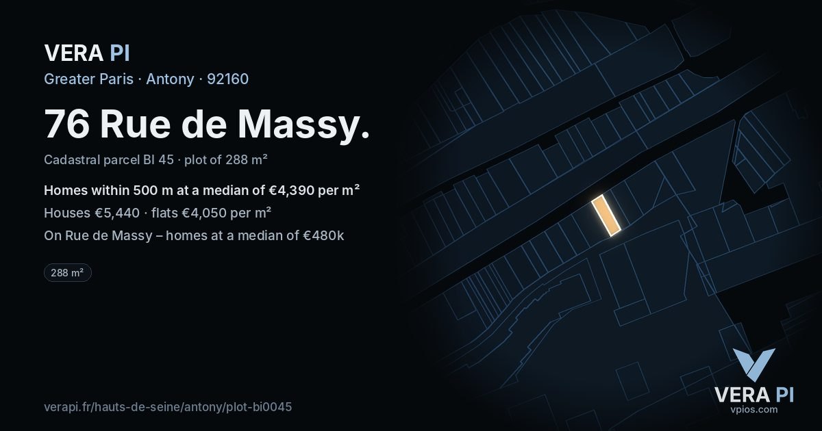 76 Rue de Massy, Antony at night – the plot lit, the parcels around coloured by the prices near them