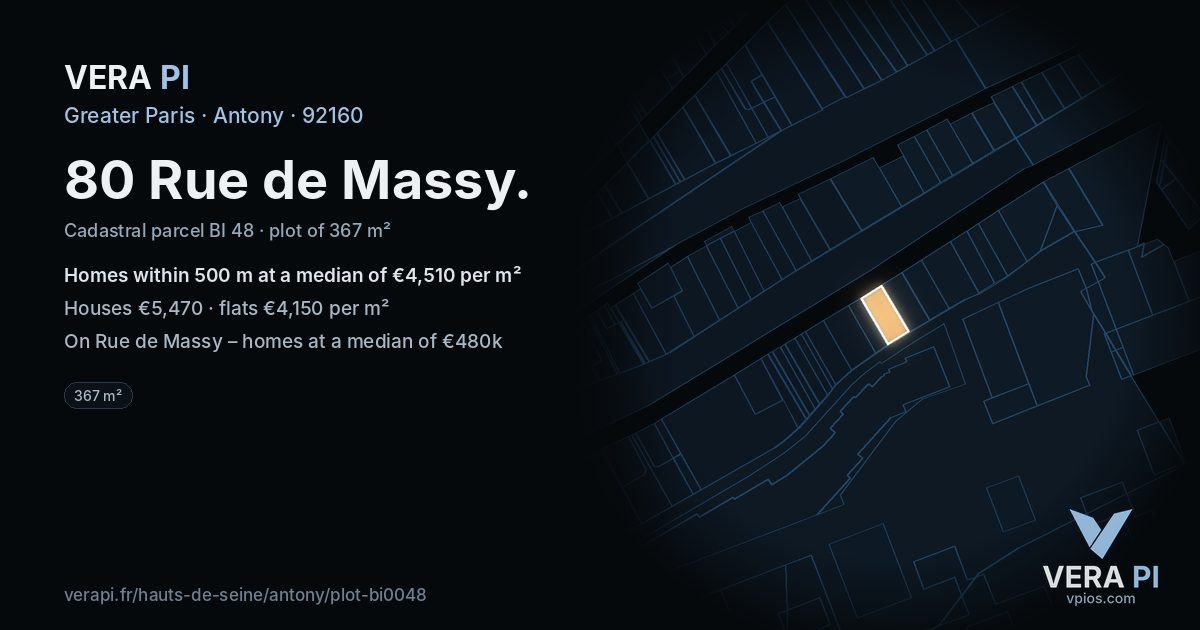 80 Rue de Massy, Antony at night – the plot lit, the parcels around coloured by the prices near them