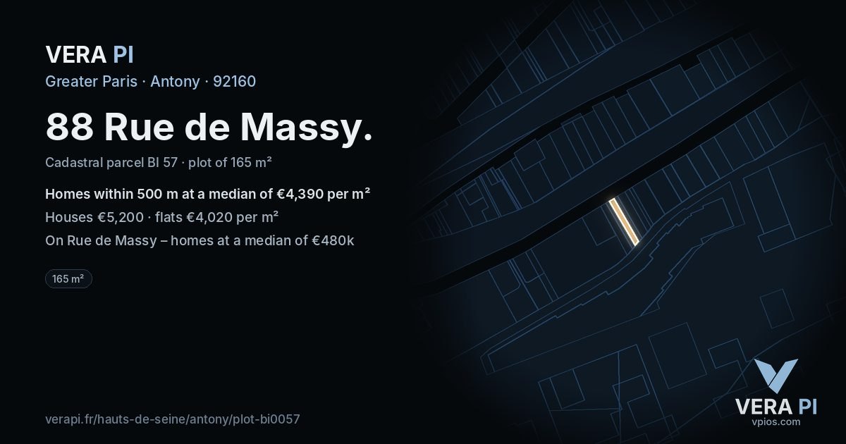 88 Rue de Massy, Antony at night – the plot lit, the parcels around coloured by the prices near them