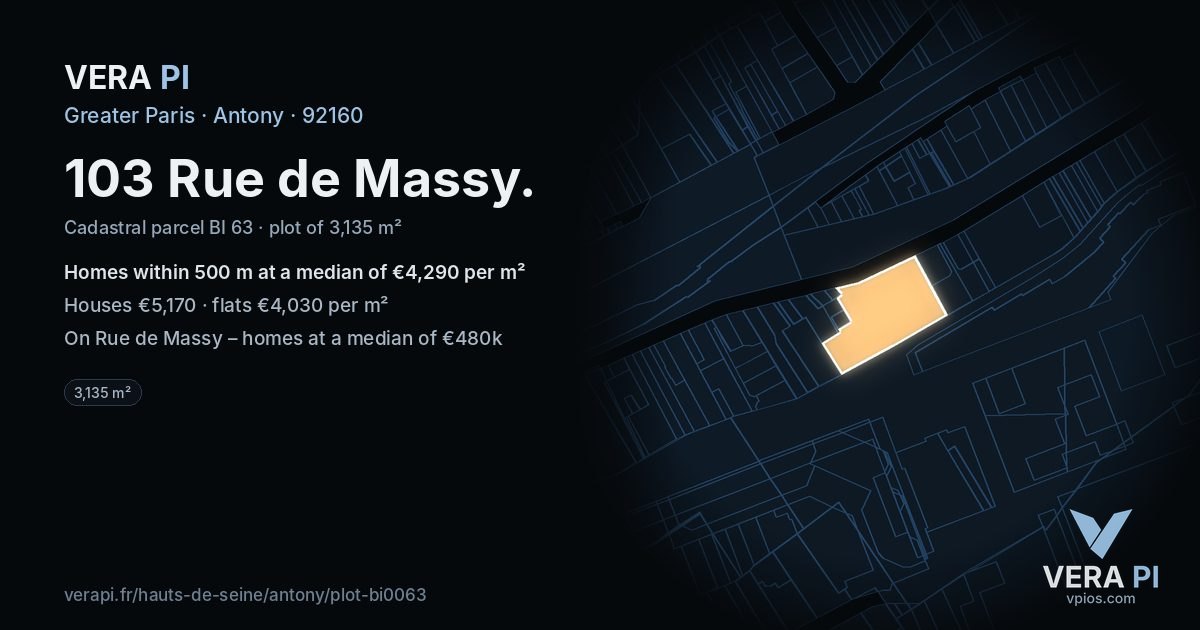 103 Rue de Massy, Antony at night – the plot lit, the parcels around coloured by the prices near them