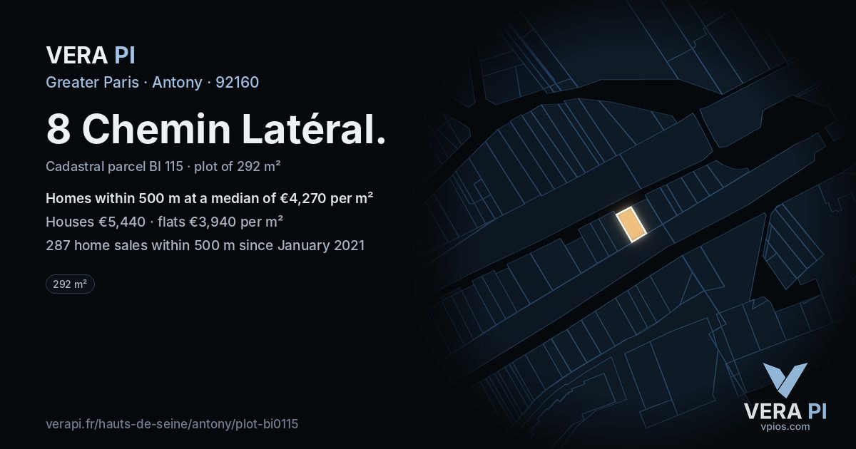 8 Chemin Latéral, Antony at night – the plot lit, the parcels around coloured by the prices near them