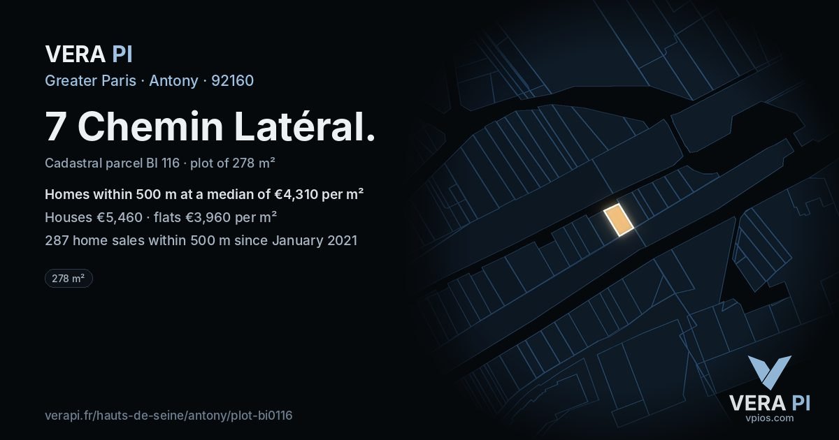 7 Chemin Latéral, Antony at night – the plot lit, the parcels around coloured by the prices near them