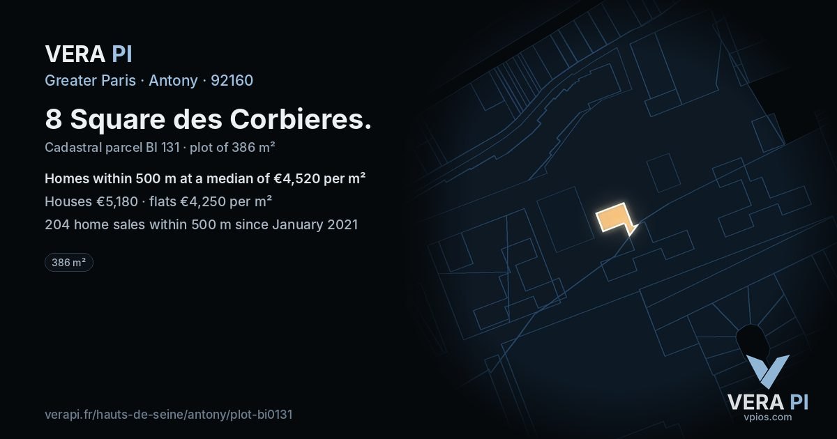 8 Square des Corbieres, Antony at night – the plot lit, the parcels around coloured by the prices near them