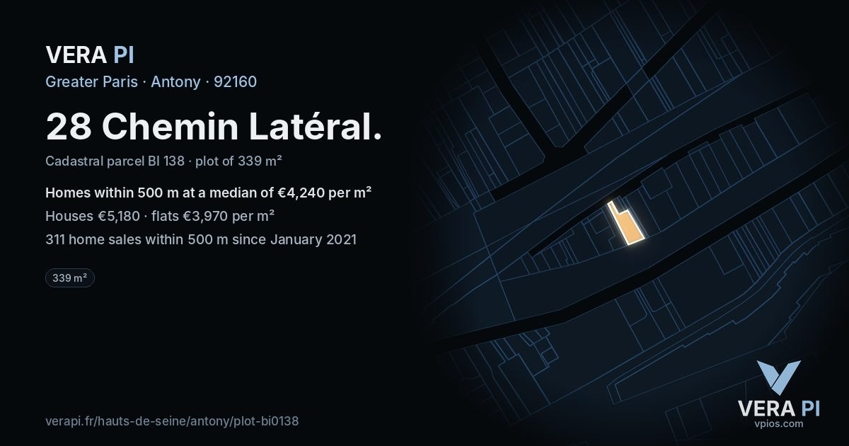 28 Chemin Latéral, Antony at night – the plot lit, the parcels around coloured by the prices near them