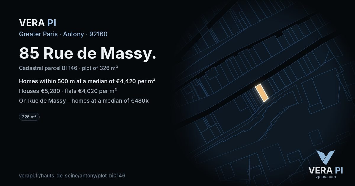 85 Rue de Massy, Antony at night – the plot lit, the parcels around coloured by the prices near them