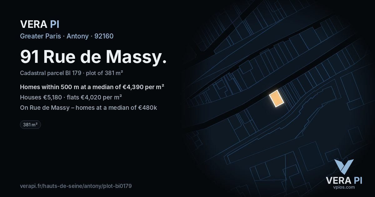 91 Rue de Massy, Antony at night – the plot lit, the parcels around coloured by the prices near them