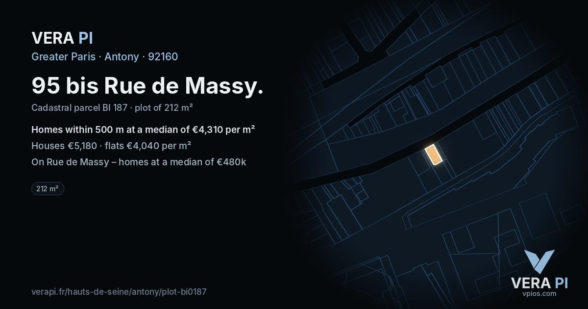 95 bis Rue de Massy, Antony at night – the plot lit, the parcels around coloured by the prices near them