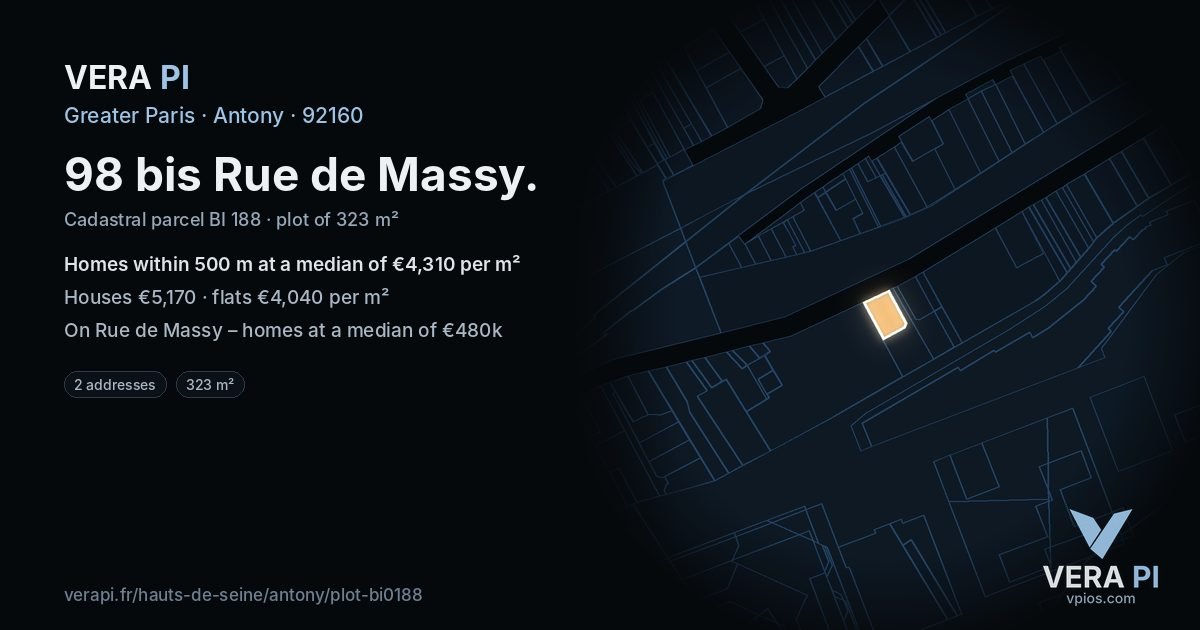 98 bis Rue de Massy, Antony at night – the plot lit, the parcels around coloured by the prices near them