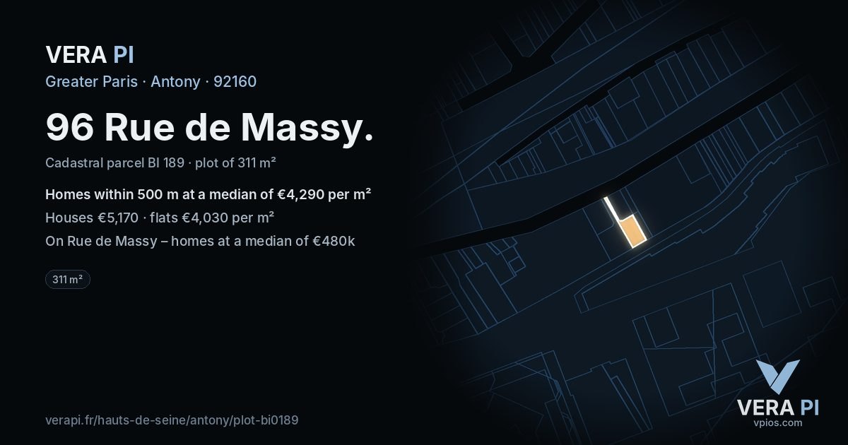 96 Rue de Massy, Antony at night – the plot lit, the parcels around coloured by the prices near them