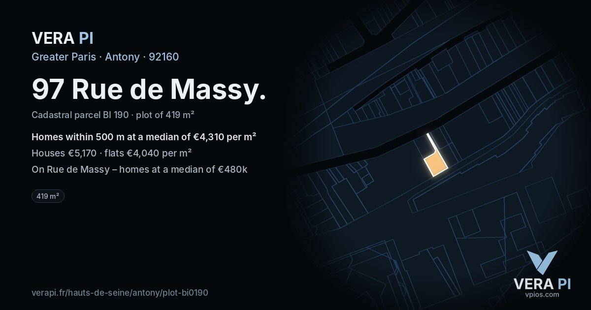 97 Rue de Massy, Antony at night – the plot lit, the parcels around coloured by the prices near them