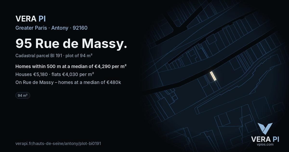95 Rue de Massy, Antony at night – the plot lit, the parcels around coloured by the prices near them