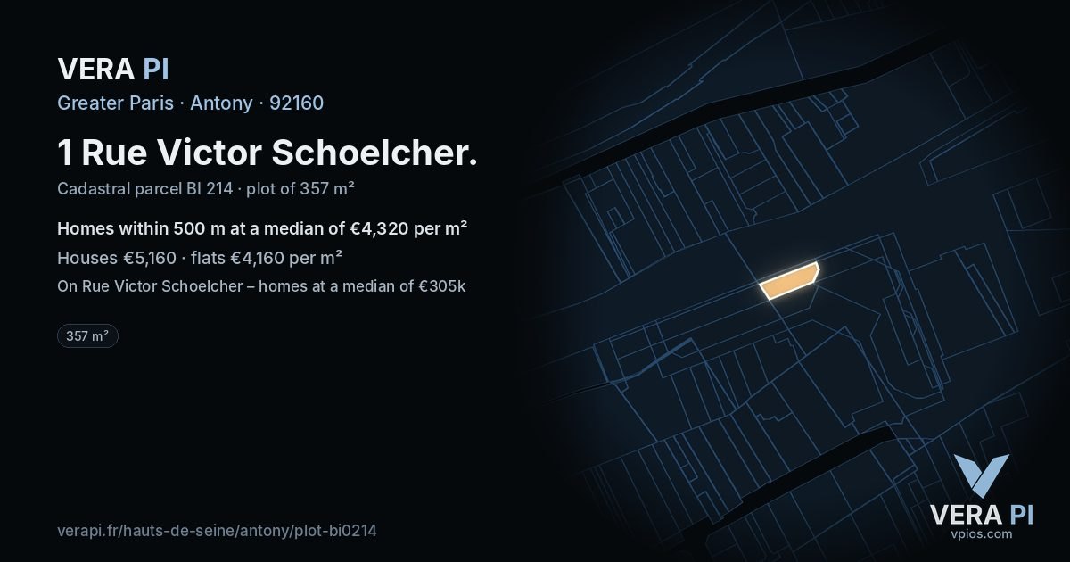 1 Rue Victor Schoelcher, Antony at night – the plot lit, the parcels around coloured by the prices near them