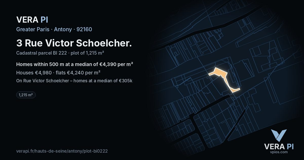 3 Rue Victor Schoelcher, Antony at night – the plot lit, the parcels around coloured by the prices near them