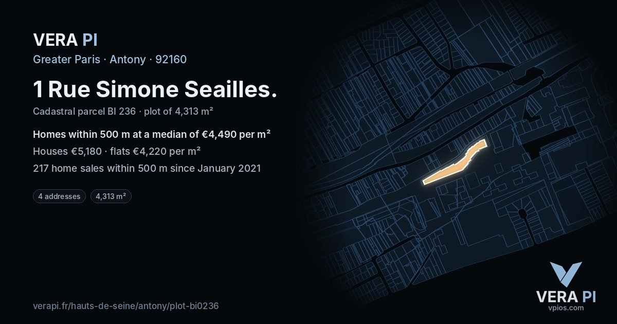 1 Rue Simone Seailles, Antony at night – the plot lit, the parcels around coloured by the prices near them