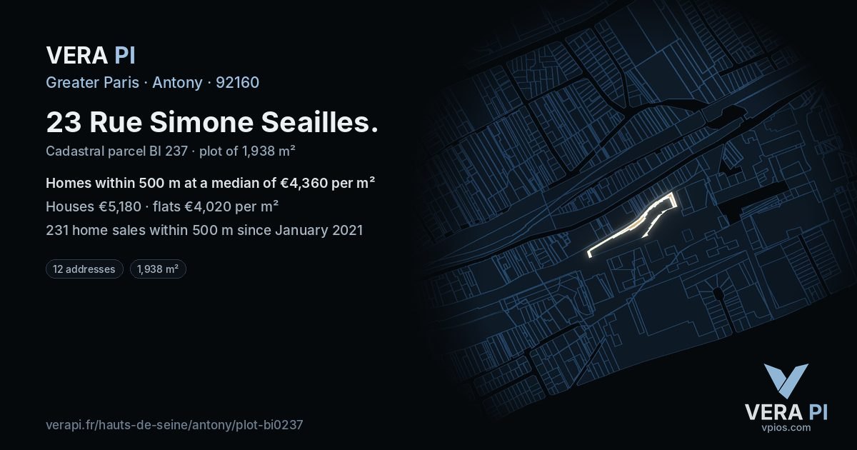 23 Rue Simone Seailles, Antony at night – the plot lit, the parcels around coloured by the prices near them