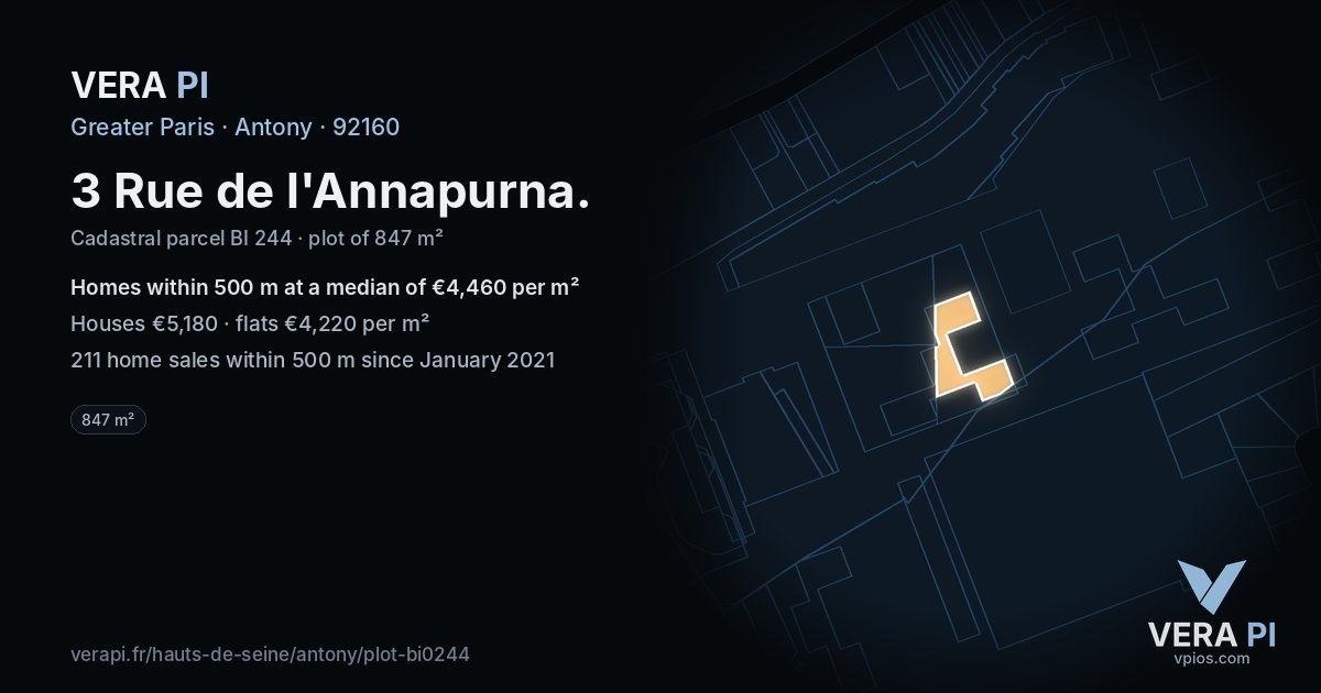 3 Rue de l'Annapurna, Antony at night – the plot lit, the parcels around coloured by the prices near them