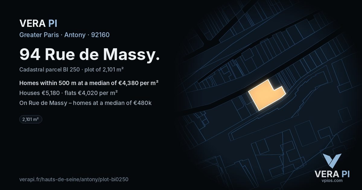 94 Rue de Massy, Antony at night – the plot lit, the parcels around coloured by the prices near them