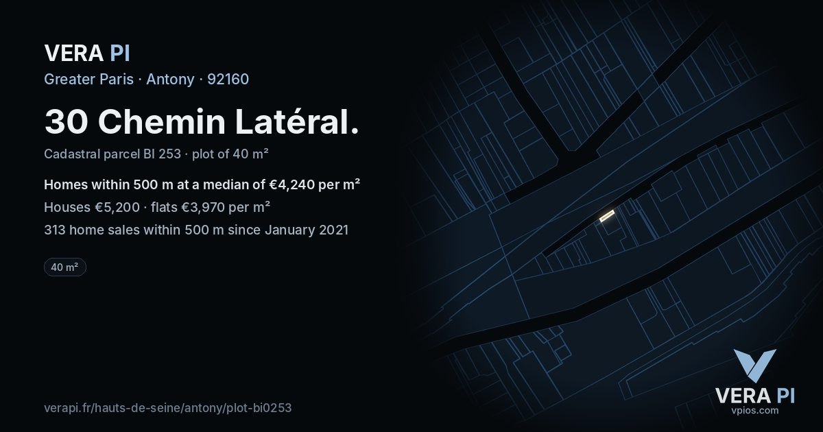 30 Chemin Latéral, Antony at night – the plot lit, the parcels around coloured by the prices near them