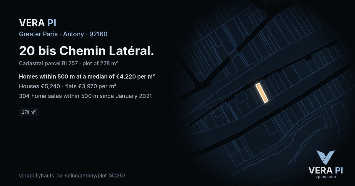 20 bis Chemin Latéral, Antony at night – the plot lit, the parcels around coloured by the prices near them