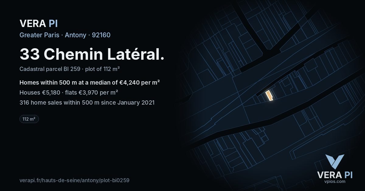33 Chemin Latéral, Antony at night – the plot lit, the parcels around coloured by the prices near them