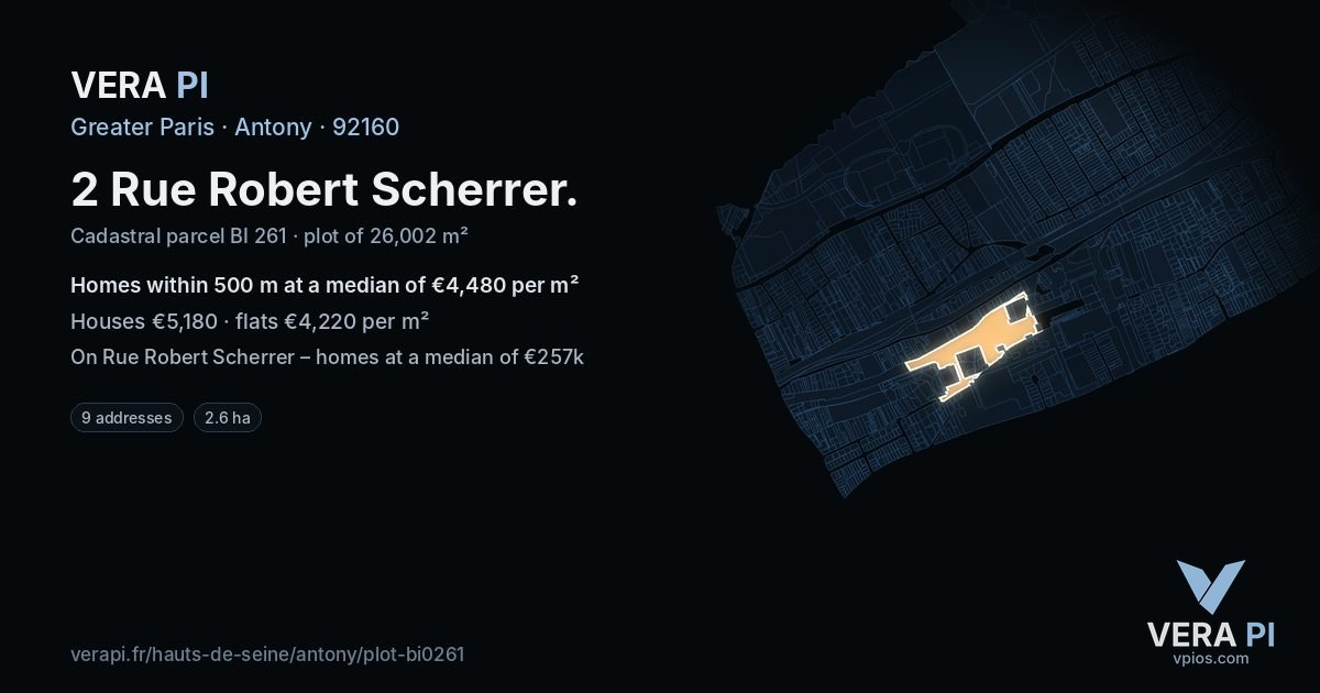 2 Rue Robert Scherrer, Antony at night – the plot lit, the parcels around coloured by the prices near them