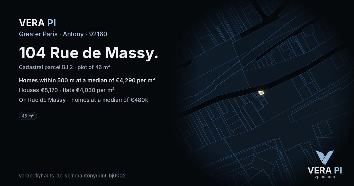 104 Rue de Massy, Antony at night – the plot lit, the parcels around coloured by the prices near them