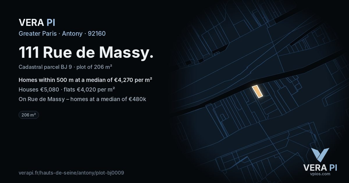111 Rue de Massy, Antony at night – the plot lit, the parcels around coloured by the prices near them
