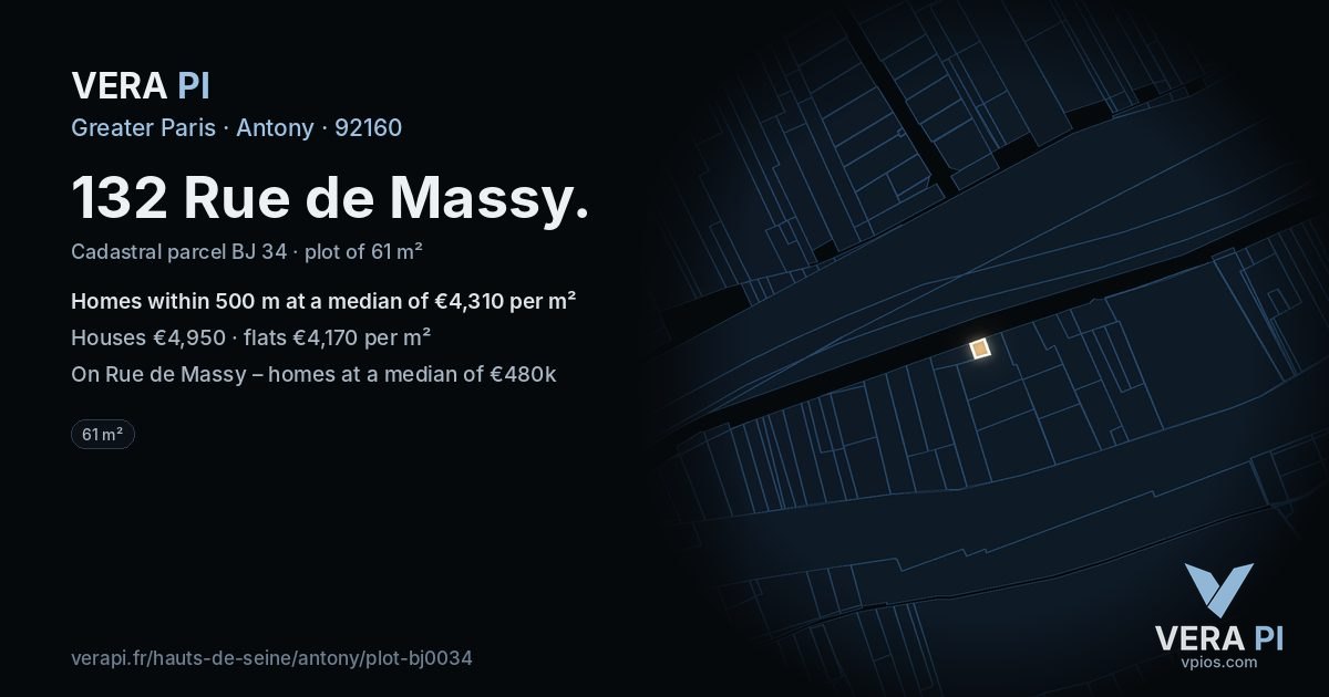 132 Rue de Massy, Antony at night – the plot lit, the parcels around coloured by the prices near them
