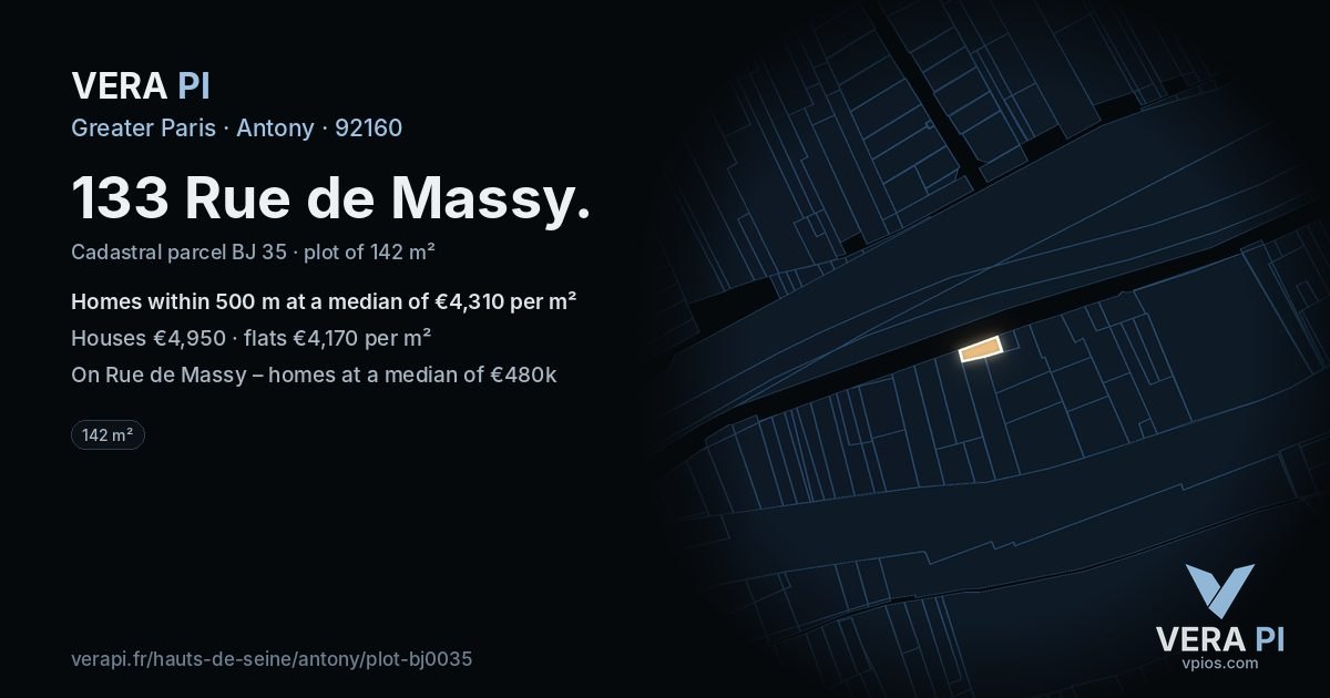 133 Rue de Massy, Antony at night – the plot lit, the parcels around coloured by the prices near them