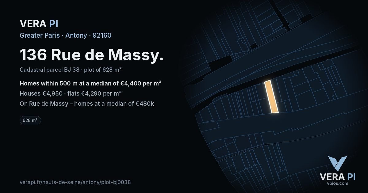 136 Rue de Massy, Antony at night – the plot lit, the parcels around coloured by the prices near them