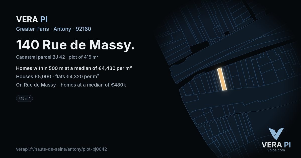 140 Rue de Massy, Antony at night – the plot lit, the parcels around coloured by the prices near them