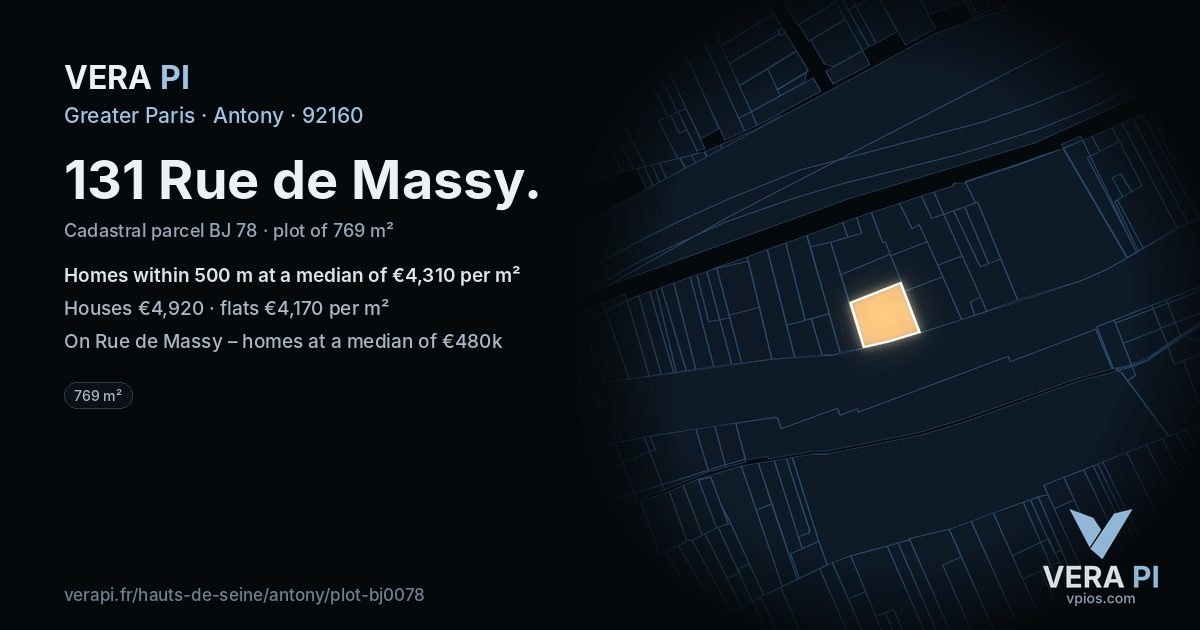 131 Rue de Massy, Antony at night – the plot lit, the parcels around coloured by the prices near them