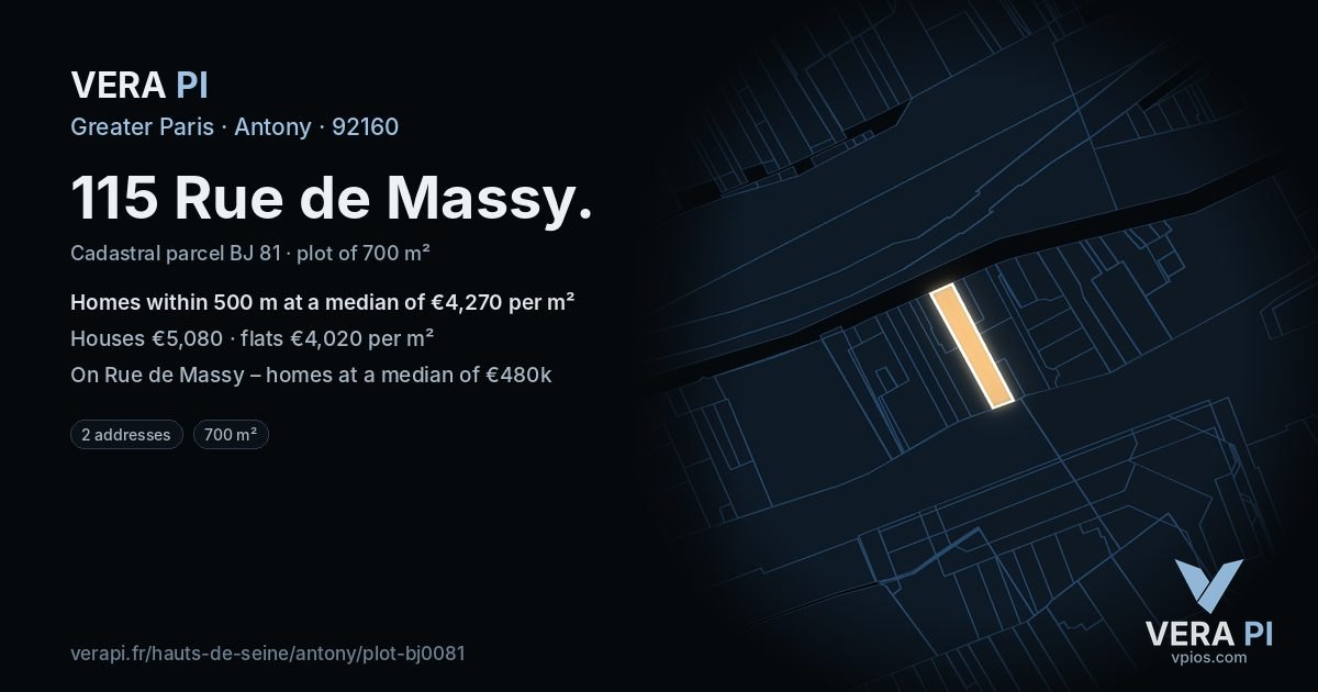 115 Rue de Massy, Antony at night – the plot lit, the parcels around coloured by the prices near them