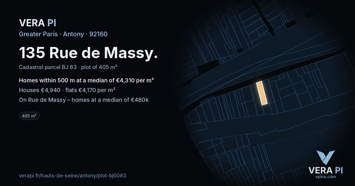 135 Rue de Massy, Antony at night – the plot lit, the parcels around coloured by the prices near them