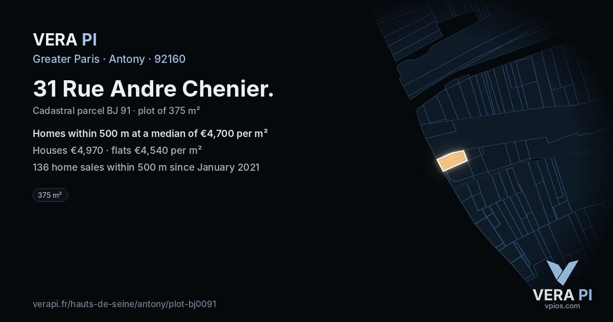 31 Rue Andre Chenier, Antony at night – the plot lit, the parcels around coloured by the prices near them