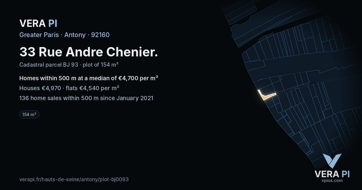 33 Rue Andre Chenier, Antony at night – the plot lit, the parcels around coloured by the prices near them