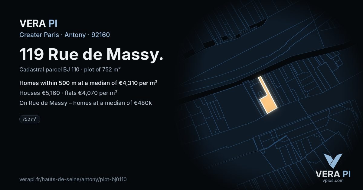 119 Rue de Massy, Antony at night – the plot lit, the parcels around coloured by the prices near them