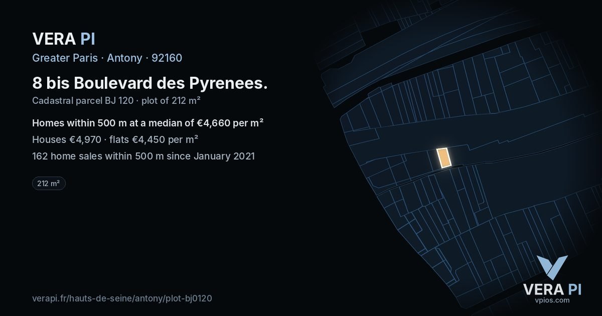 8 bis Boulevard des Pyrenees, Antony at night – the plot lit, the parcels around coloured by the prices near them