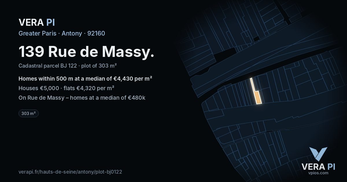 139 Rue de Massy, Antony at night – the plot lit, the parcels around coloured by the prices near them
